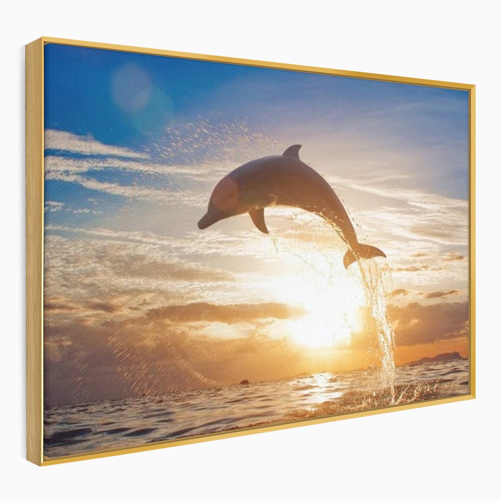 Tablou canvas cu delfin care sare la apus, in rama de aluminiu auriu